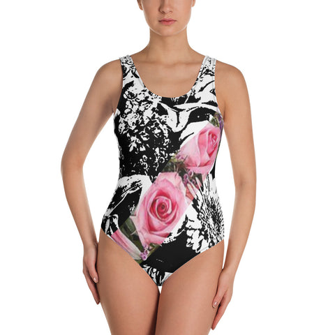 Black and White and Pink All Over Nicknickers One-Piece Swimsuit